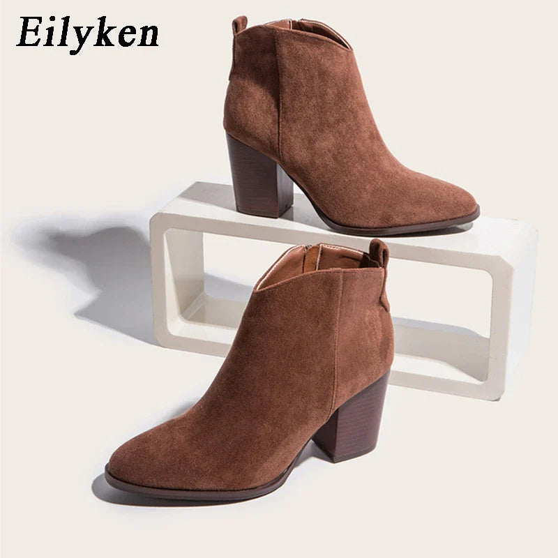 Canmol 2024 Autumn High Heel Ankle Boots - Stylish Faux Suede Stacked Block Heel Booties