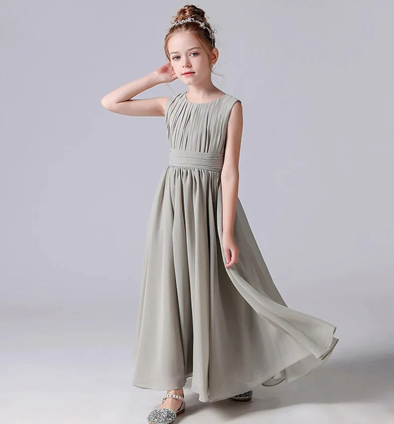 Canmol Pleated Chiffon Flower Girl Dress with Sash for Weddings and Parties