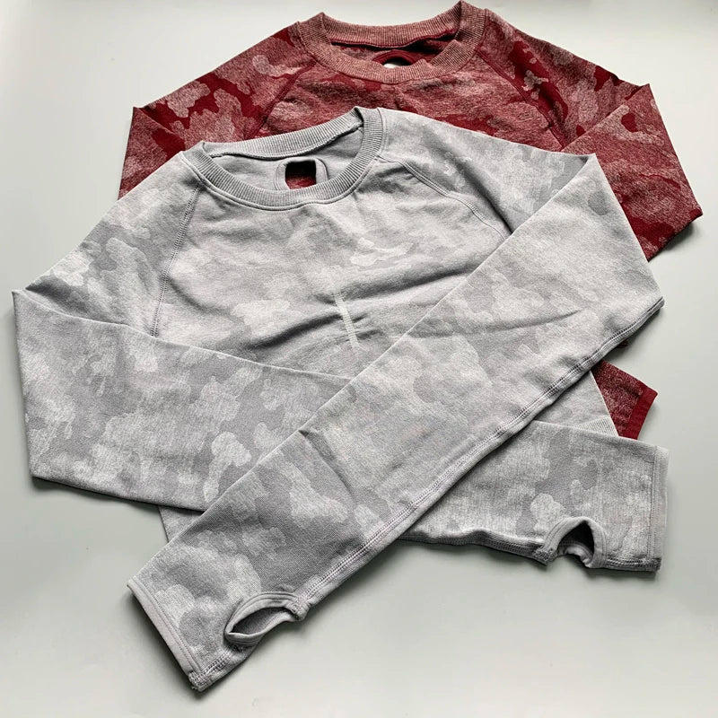 Canmol Camo Seamless Crop Top Long Sleeve Gym Yoga Workout Shirt