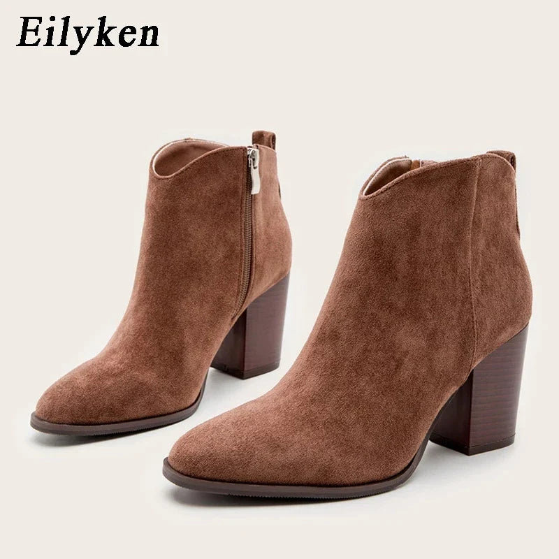 Canmol 2024 Autumn High Heel Ankle Boots - Stylish Faux Suede Stacked Block Heel Booties