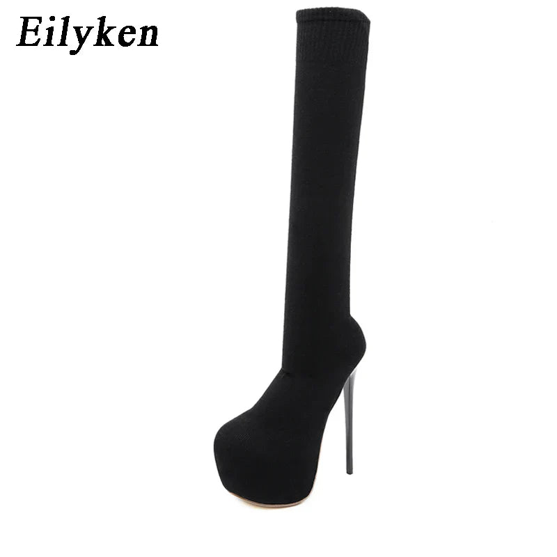 Black Knit Over-the-Knee Platform Boots by Canmol - 17CM Heels, Round Toe