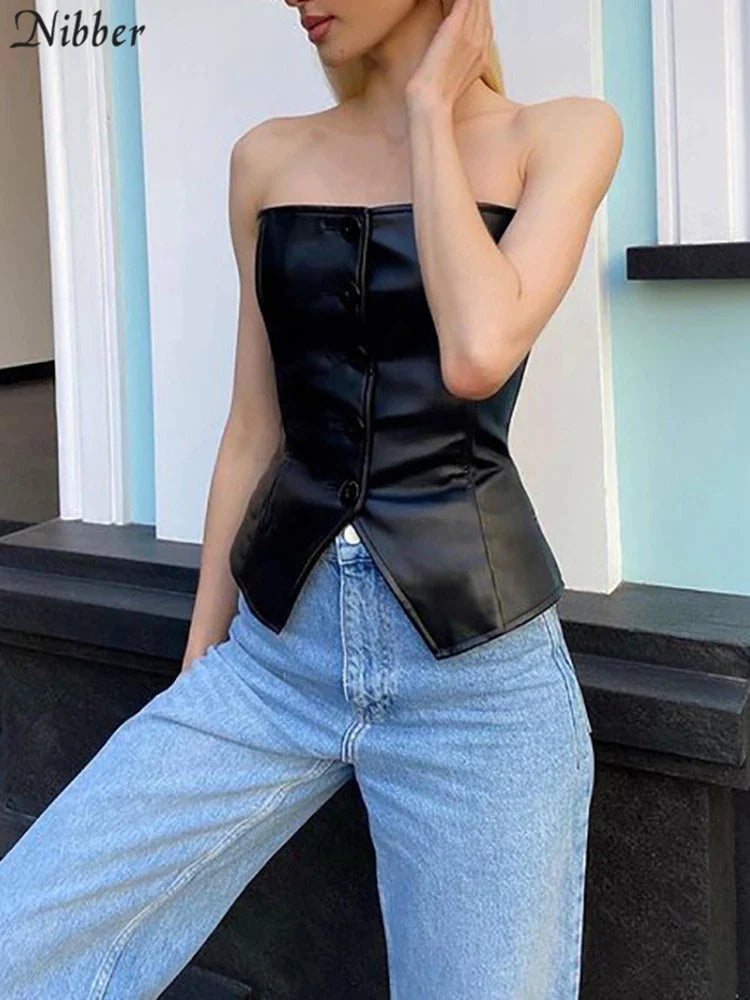 Canmol Sleek Sleeveless Leather Vest: Chic Single-Breasted Top for Women - 2022 Street Style