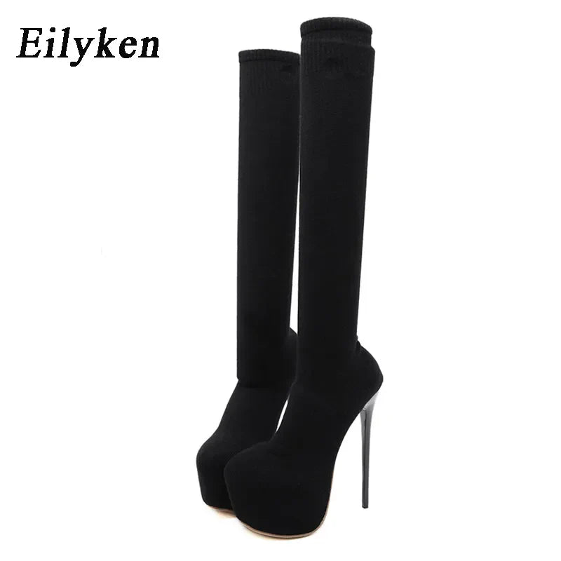 Black Knit Over-the-Knee Platform Boots by Canmol - 17CM Heels, Round Toe
