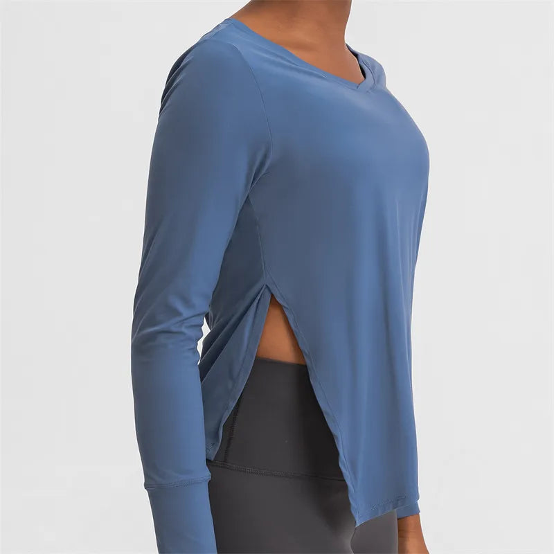 Canmol LIFEGO Brushed Fabric Tie Side Yoga Top - Loose Fit Workout Long Sleeve