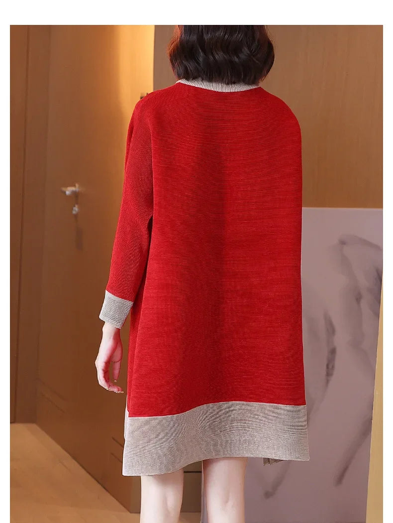 Canmol Velvet Pleated Dress: Color Block Half Turtle Collar Red Dress