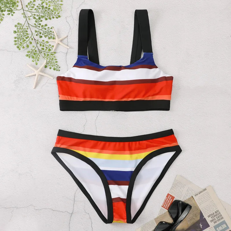 Canmol Rainbow Striped Push Up Bikini Beach Wear Swimming Bathing Suit