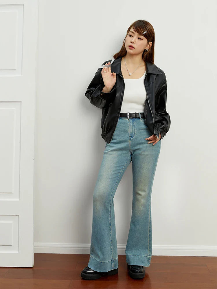 Canmol Flared High Waist Retro Blue Jeans for Women