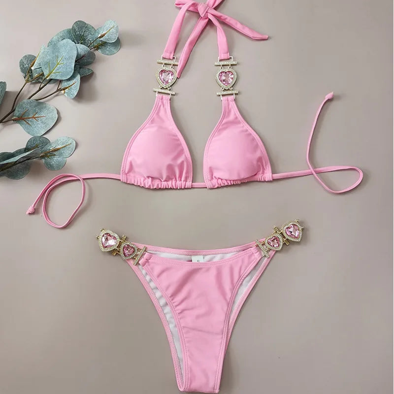 Canmol Heart Rhinestone Pink Bikini Set - Women's Sexy Push-Up Swimwear