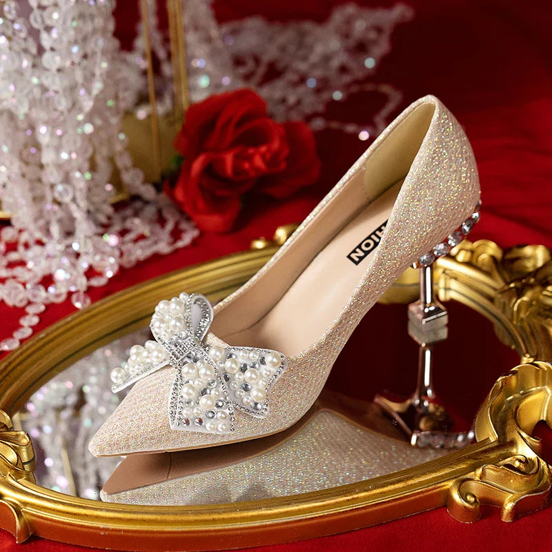 Canmol Rhinestone Gold High Heels 7cm - Spring Casual Wedding Bride Fashion Pumps