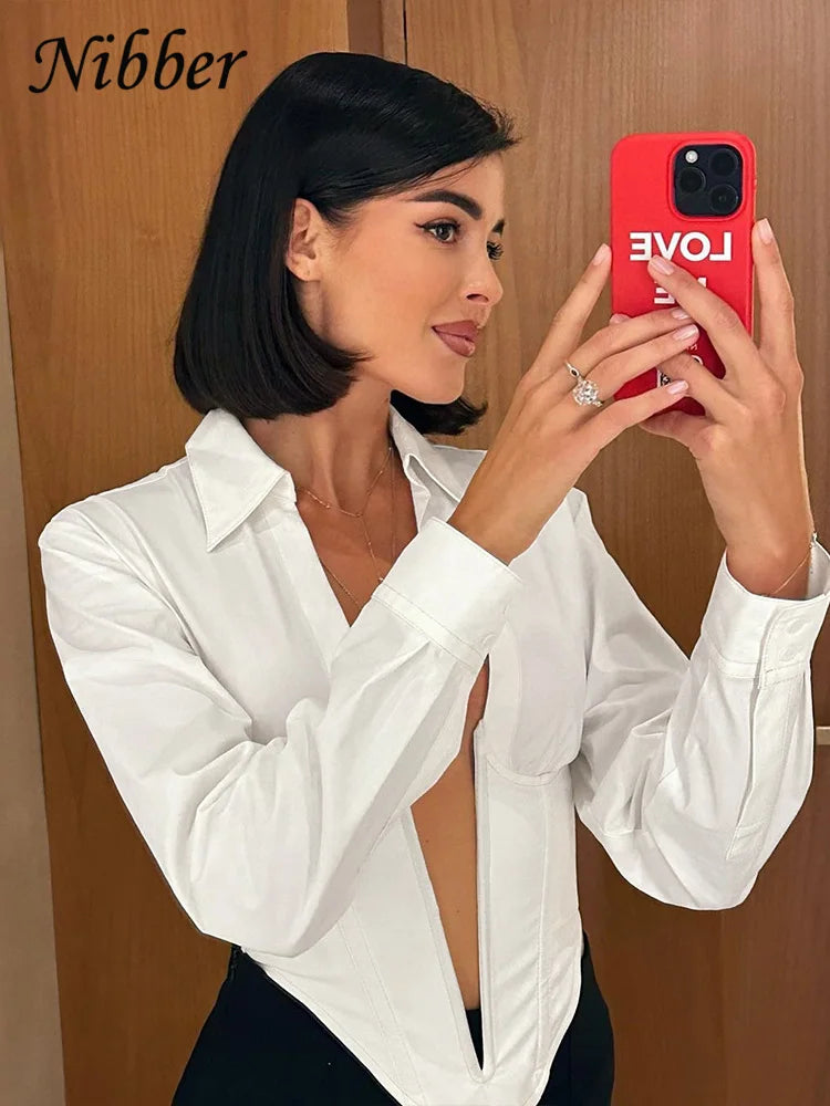 Canmol Deep V-Neck Crop Top: Sexy Lapel Neck Blouse for Stylish Women