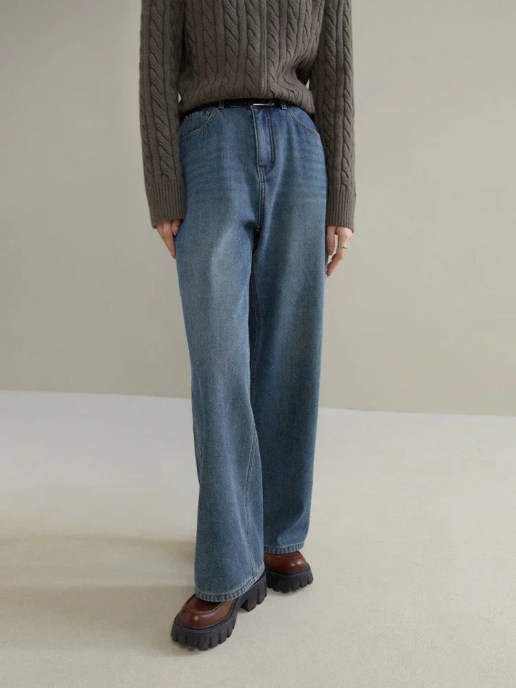 Canmol Women's Winter Fleece High Waist Straight Jeans - Denim Blue 2023