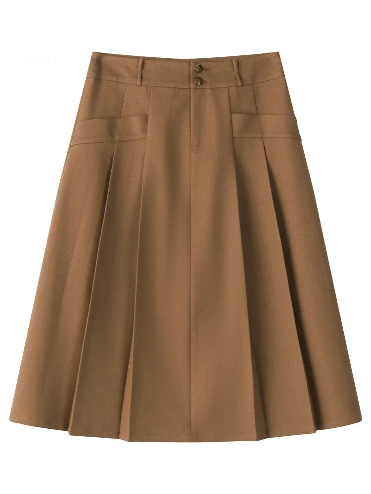 Canmol Vintage Preppy Style Wide-waist Pleated A-line Skirt for Women in Winter