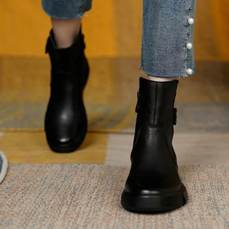 Canmol Women's Retro Brown Platform Ankle Boots - Autumn British Style Flat Short Boots