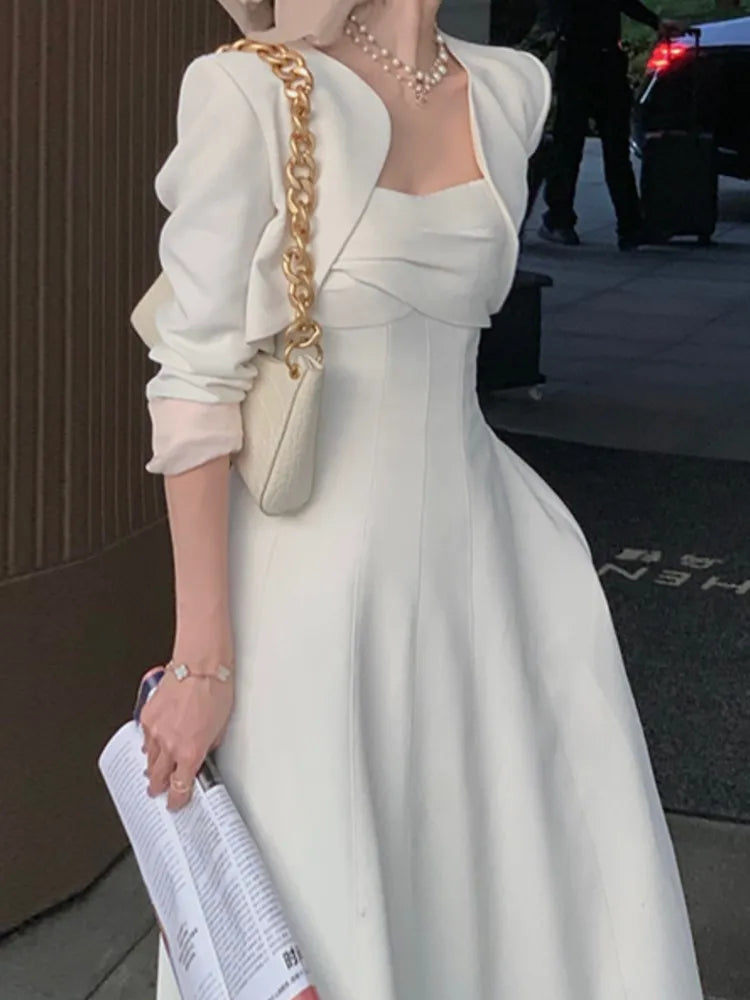 Canmol White Spaghetti Strap A-Line Midi Dress for Women Elegant Vintage Fashion