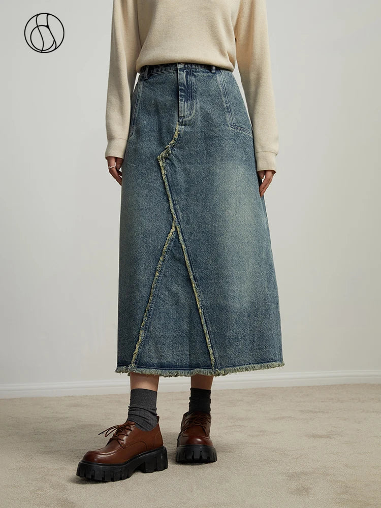 Canmol A-Line Denim Skirt High Waist Asymmetrical Raw Edge Retro Design Blue Winter