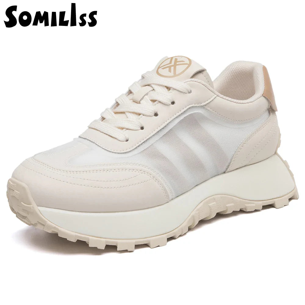 Canmol Genuine Leather Platform Sneakers Round Toe Lace Up Summer Ladies Shoes