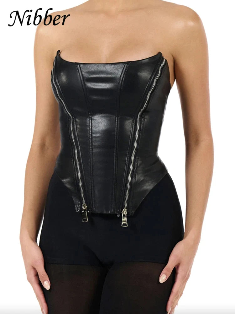 Canmol Black Faux Leather Zip Corset Tube Top | Irregular Sleeveless Strapless Vests