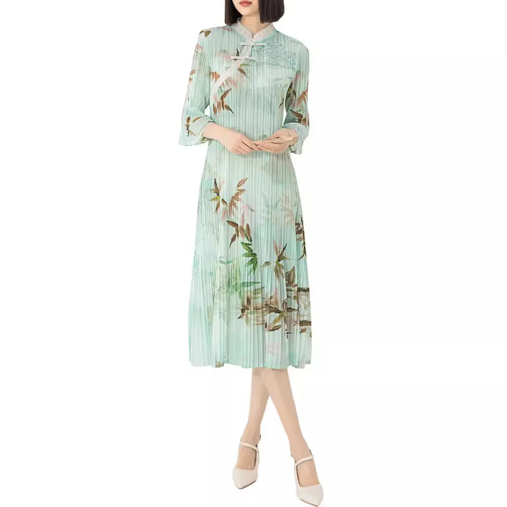 Canmol Retro Floral Print Pleated Chinese Dress with Bell Sleeves