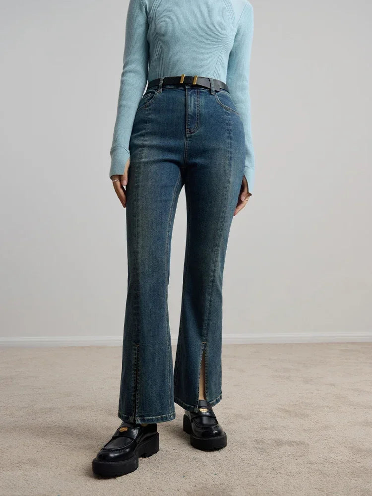 Canmol Retro Denim Flared Jeans with Slit Design - High Waist Cropped Pant