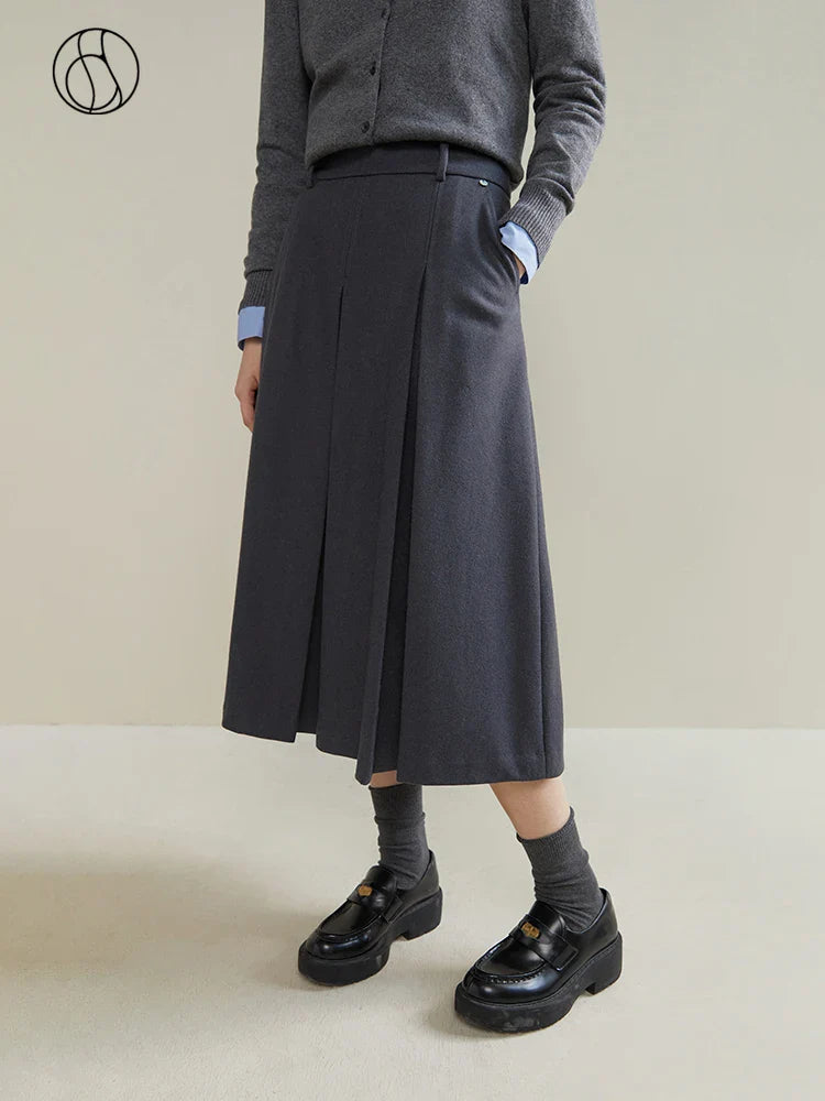 Canmol Wool Blend Pleated Skirt - High Waist Winter 2023 Office Lady Style
