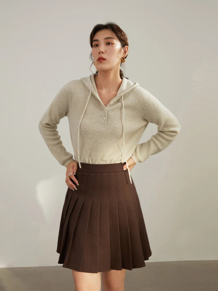 Canmol Retro Brown Pleated High Waist A-LINE Skirt for Women