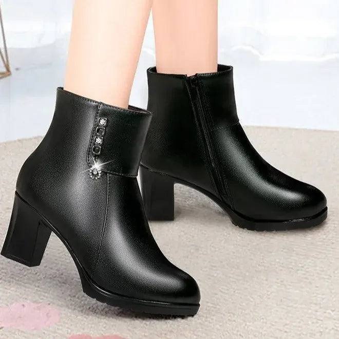Canmol Winter High Heel Leather Ankle Boots for Women Warm Plush Snow Botines