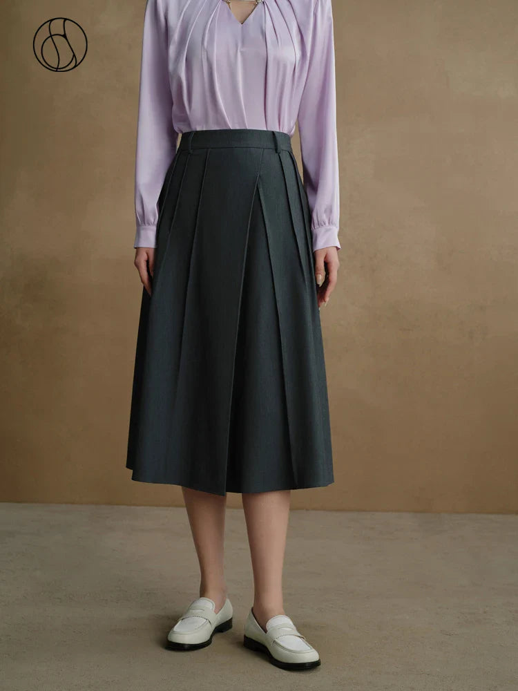 Canmol Dark Grey A-Line High Waist Pleated Skirt for Office Lady Elegance
