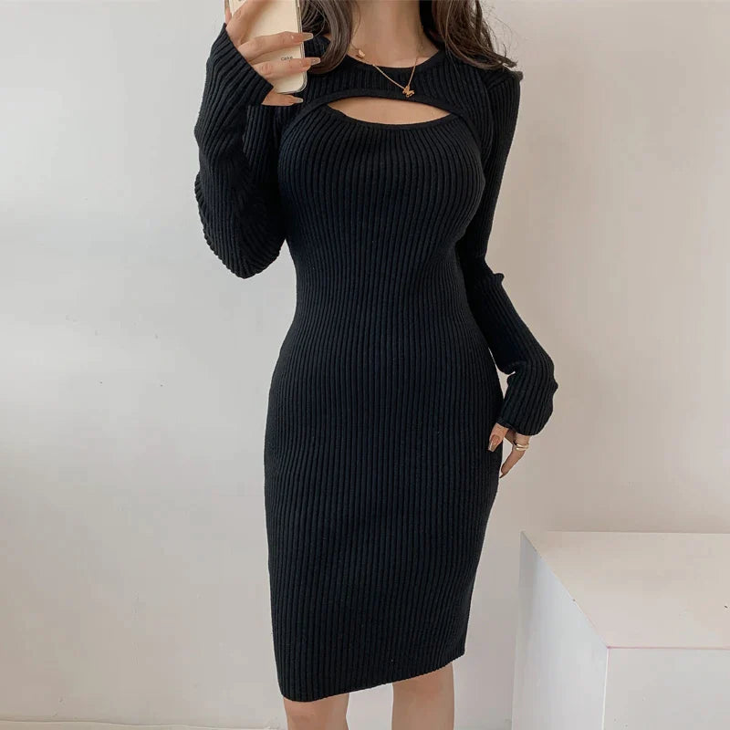 Canmol 2023 Black Midi Dress Autumn Hollow Out Bodycon Knitted Solid Long Sleeve Blabk Midi Dress