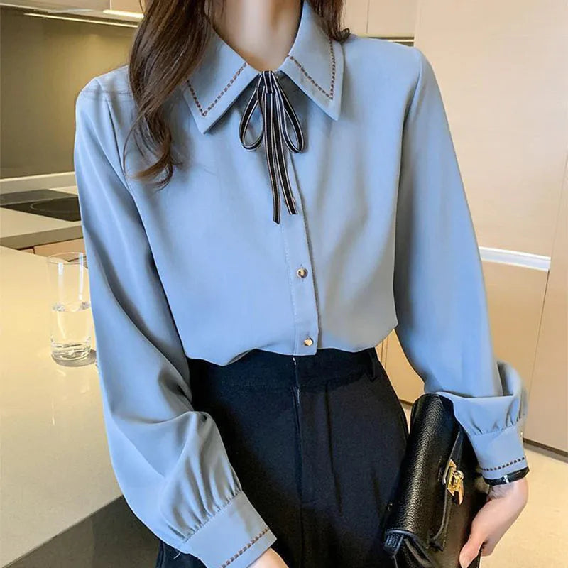 Canmol Chiffon Button Shirt: Elegant Long Sleeve Office Top for Women