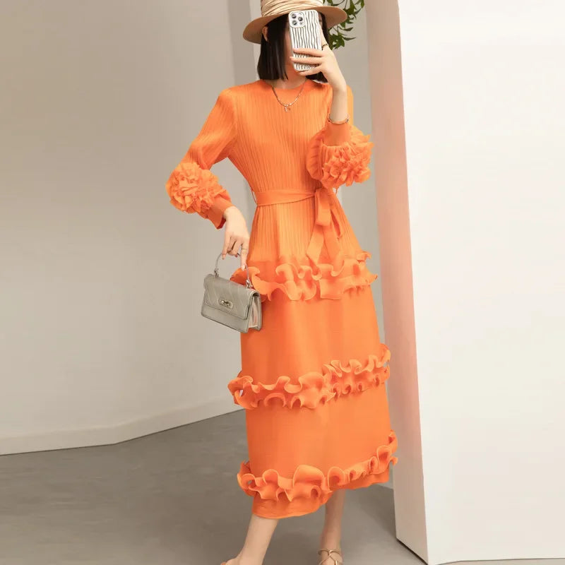 Canmol Pleated Solid Color Dress: Loose Fit Cake Elastic Shake Skirt - 2023 Autumn/Winter Collection