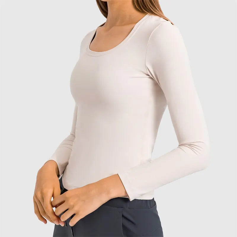 Canmol Long Sleeve Round Neck Gym Top: Slim Fit Brushed Athletic Yoga Shirt