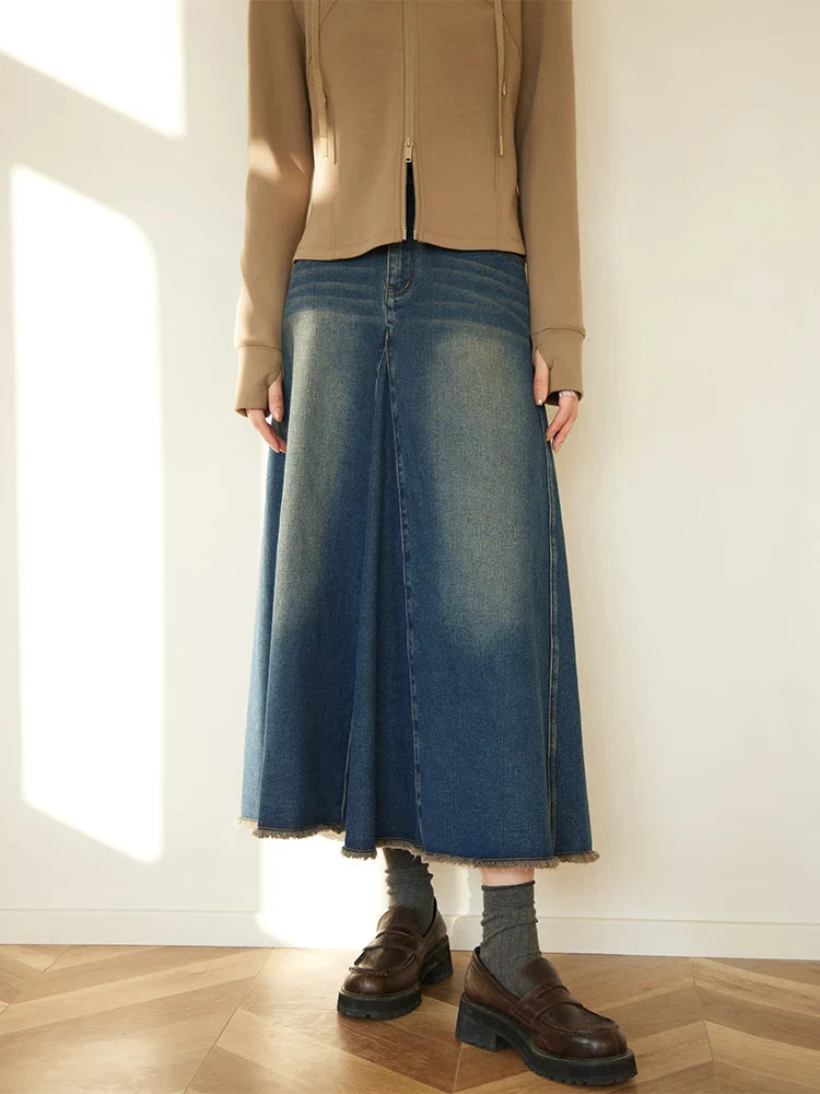 Canmol Retro Ripped Seam Raw Edge Denim Skirt - High Waist Spring Design Females