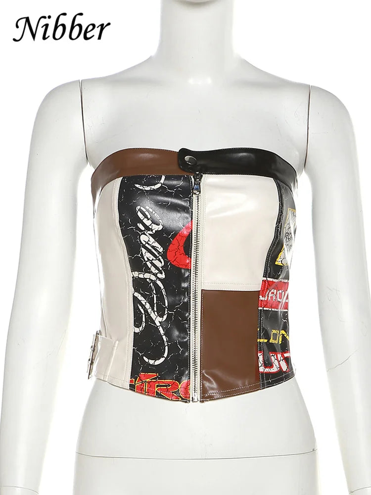 Canmol Patchwork Print Crop Top - Trendy Wrap Chest Button Vest for Women