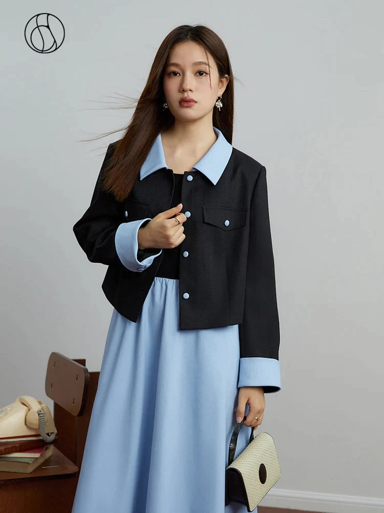 Canmol 2023 Autumn Two Piece Set: Jacket + Dress, Korean Design, Patchwork Style
