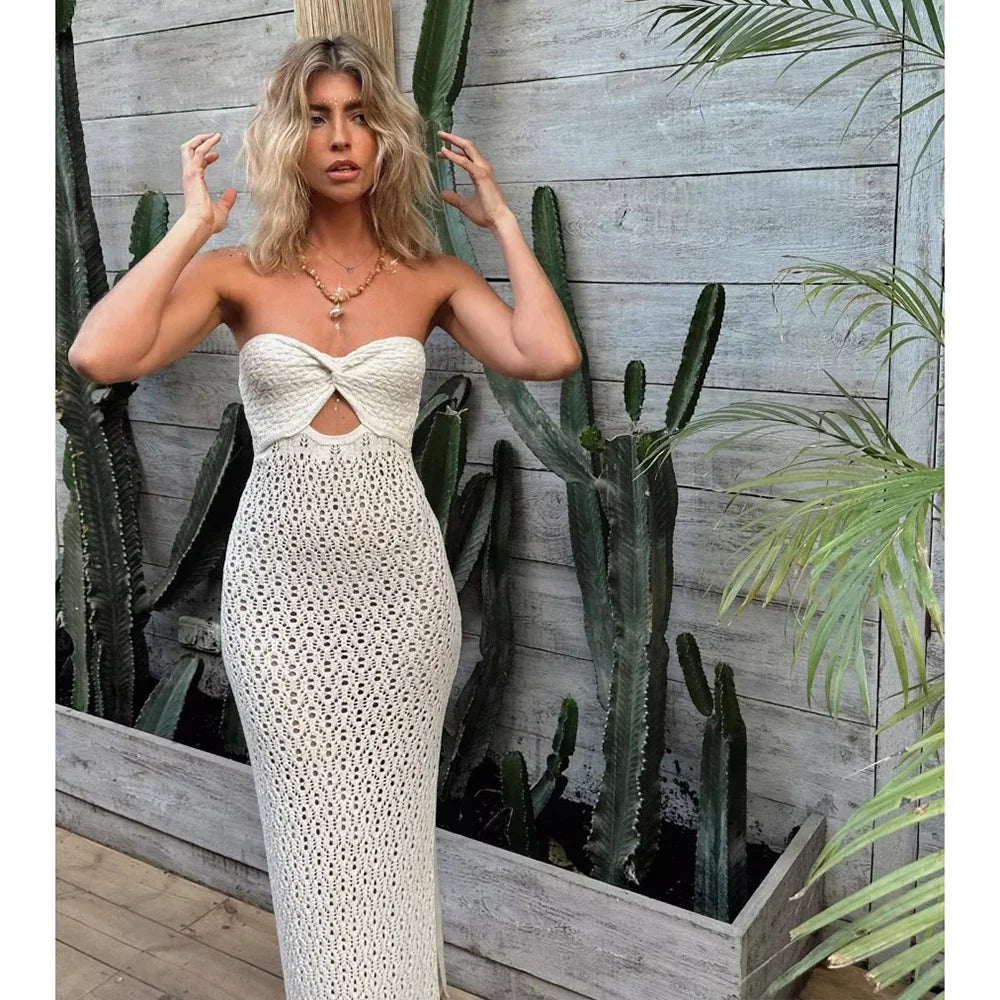 Canmol White Crochet Bandeau Dress - Sexy Knitted Beach Cover-Up