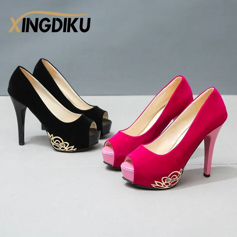 Canmol Suede Bling High Heel Platform Sandals: 12cm Stiletto Fish Mouth Wedding Shoes