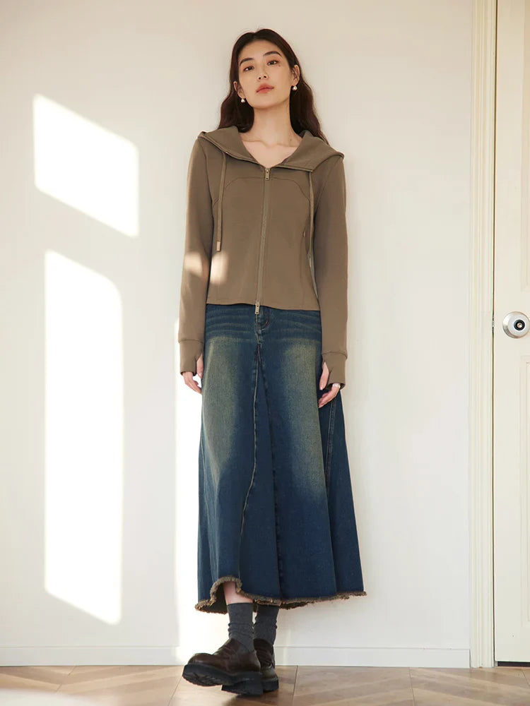 Canmol Retro Ripped Seam Raw Edge Denim Skirt - High Waist Spring Design Females