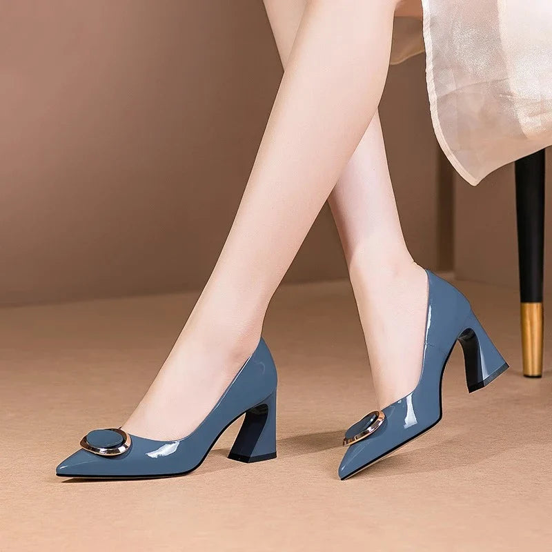 Canmol Square Buckle High Heels: 2023 Spring New Women's Patent Leather Single Shoes