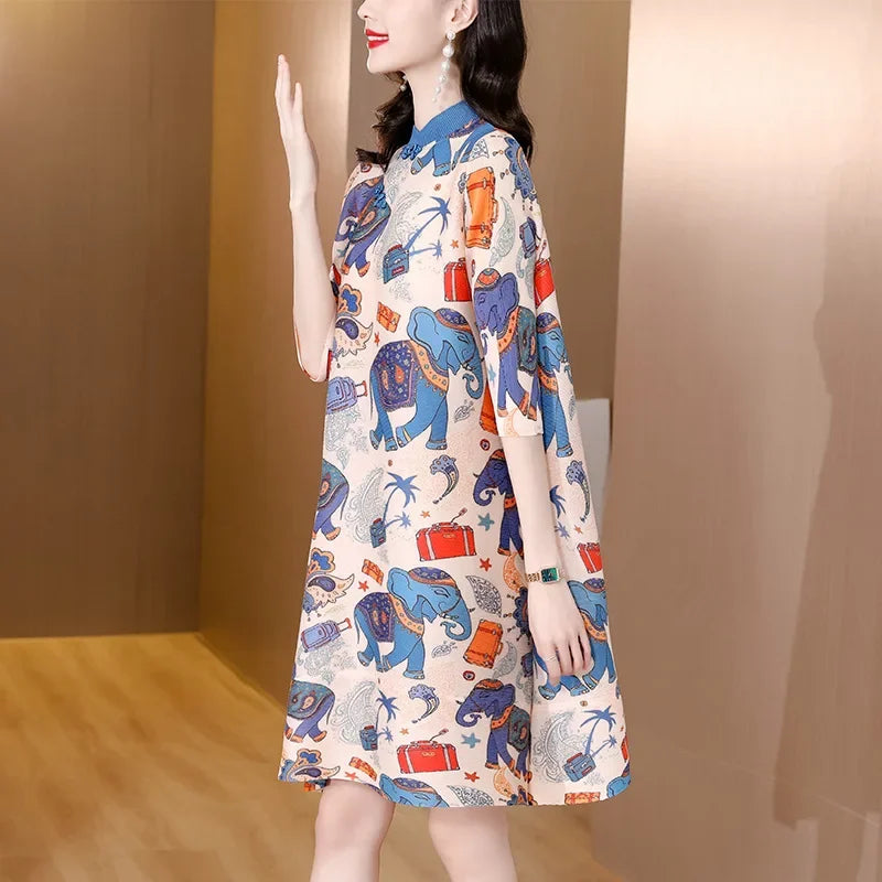 Canmol 2024 Summer Printed Pleated Dress: Stylish Large Size Short-sleeved Women's Fashion