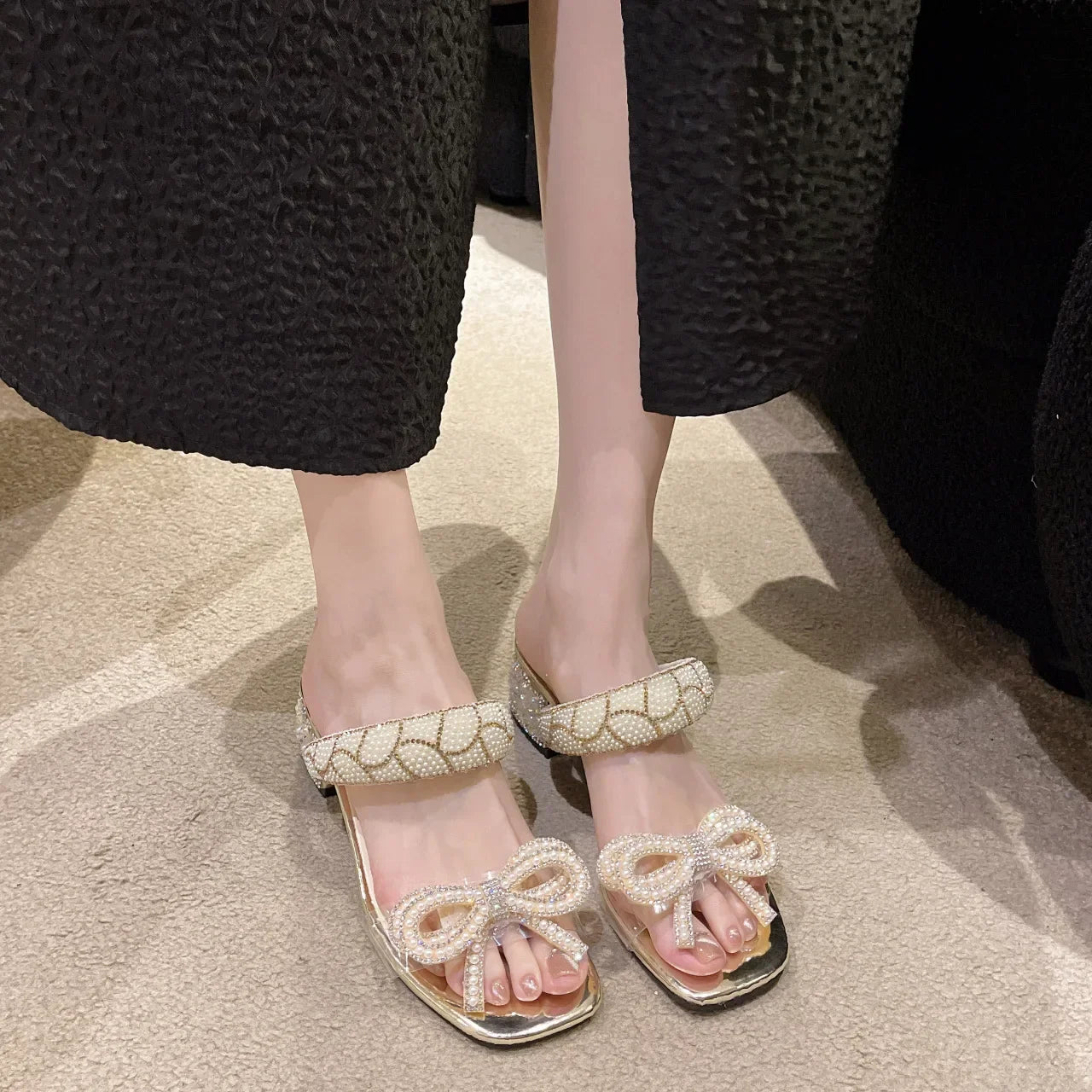Canmol Pearls Beaded Chunky Heel Sandals - Rhinestone Bowknot Design