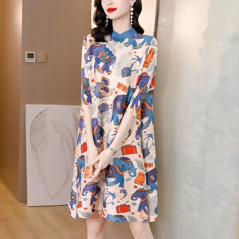 Canmol 2024 Summer Printed Pleated Dress: Stylish Large Size Short-sleeved Women's Fashion