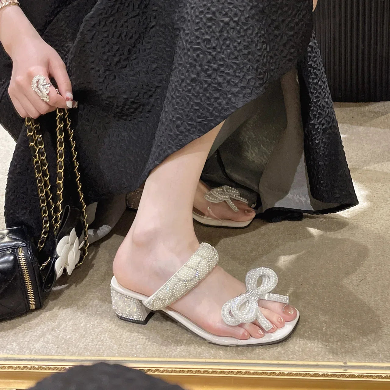 Canmol Pearls Beaded Chunky Heel Sandals - Rhinestone Bowknot Design