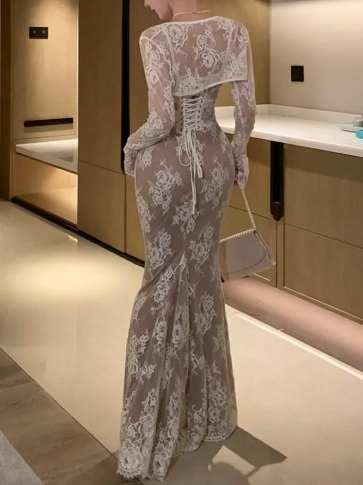 Canmol Lace Bodycon Slim Dress: Elegant, Backless, Vintage Party Fashion