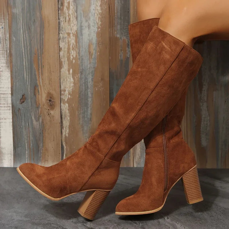 Canmol Women's Pointed Toe Suede Knee High Heel Boots - Autumn Winter Zipper Long Boots