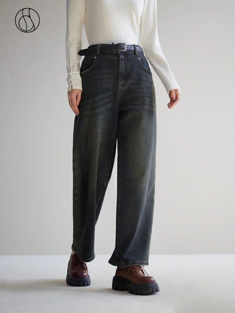 Canmol Cozy Velvet Wide Leg Jeans for Women - Retro High Waist Blue Denim