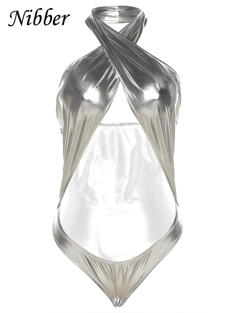 Canmol Shiny Halter Bodysuit: Beach Style, Sleeveless, Hollow Out, Body-shaping Swimsuit.