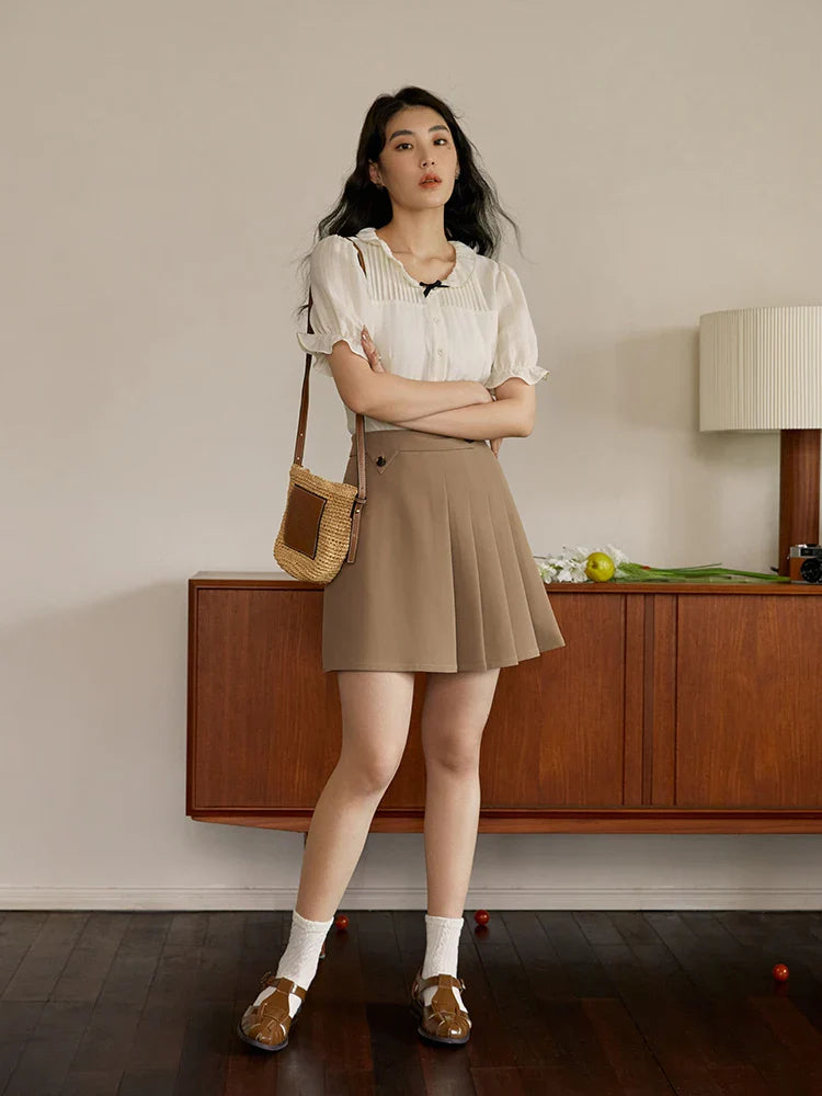 Canmol Asymmetric Pleated Mini Skirt - High Waist Solid Twill Summer Office Lady Fashion