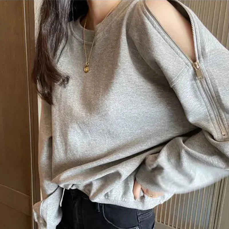 Canmol Gray Sweatshirt Women's Off Shoulder O-Neck Zipper Pullover