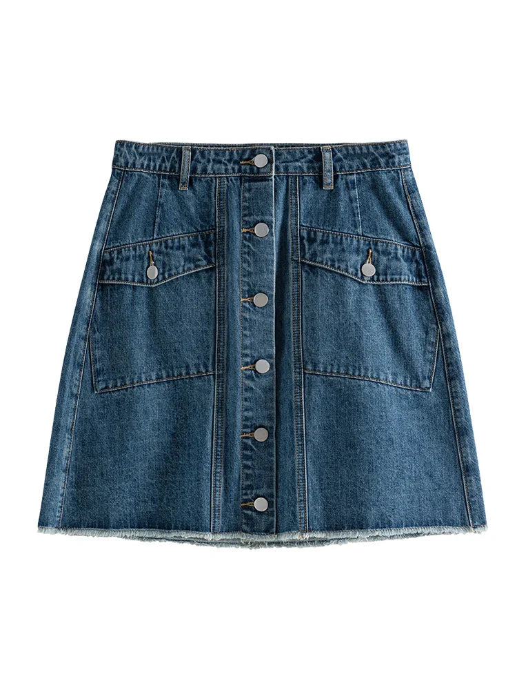 Canmol Denim A-Line Skirt | High Waist Button Detail | Loose Fit | Frayed Finish