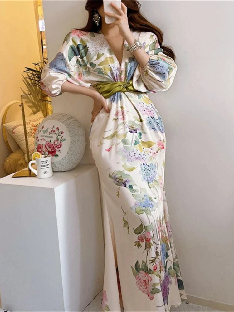 Canmol Vintage Floral Midi Dress: Elegant Bodycon Party Fashion for Women